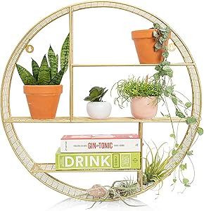 Luxe Gold Round Circular Floating Shelves, Large Decorative Bathroom, Living Room, Kitchen and Bedroom Wall Decor, Brass Geometric Wall Art, Metal Wire Mesh Sconce Shelf, Boho Circle Accent Display