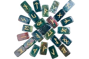 ZAICUS Bloodstone Rune Stones Set - Polished Stone Elder Futhark Witchcraft Supplies Gemstone Runes Viking Spiritual Stones Norse Pagan Engraved Crystals Divination Tools for Healing Brick Shape (25 Pcs)
