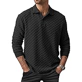 VOGSTART Mens Textured Polo Stretchy Casual Fashion Long Sleeve Button Shirt (S-XXL)