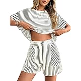 Hilinker Womens 2 Piece Striped Pajamas Sets Short Sleeve Pj Tops and Shorts Loungewear with Pockets
