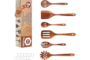 Renexas 6 Pcs Teak Wooden Spoons for Cooking– Non-Toxic, Non-Stick Kitchen Utensils Set Wood Spatulas with Hooks – Lightweigh