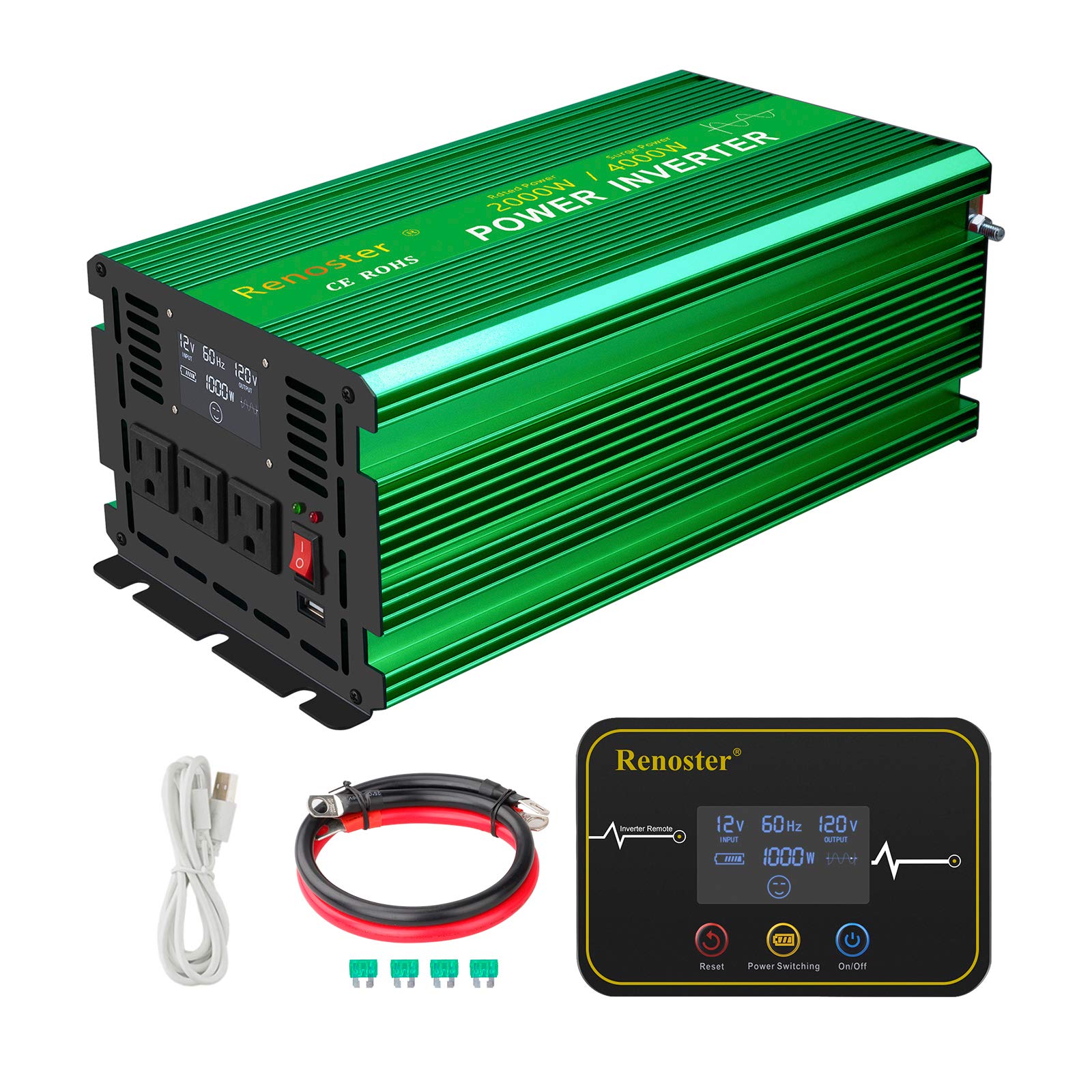 Pure sine wave inverter 2000W inverter Car power converter Remote Control Short circuit overheat voltage protection Easy to carry DC 12V AC 230V alternating current Efficiency Stable output Frequency