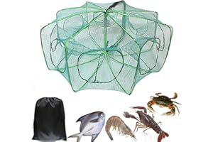 GEFISCHTTER Foldable Fishing Bait Trap 32×10 inch, 8 Holes /10 Holes Folded Fishing Nets for Minnow Crab Shrimp Crawdad Crayfish, Portable Nylon Mesh Net Fishing Equipment