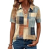 ZHENWEI Women's Short Sleeve V-Neck Polo Shirts Business Casual Work Collared Tops Dressy Johnny Collar Cute Blouses