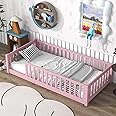 PVWIIK Twin Size Montessori Floor Bed with Wood Slats Support for Girls & Boys,Wood Montessori Bed Frame with Safety Guardrails & Close to The Floor for Kids,Pink