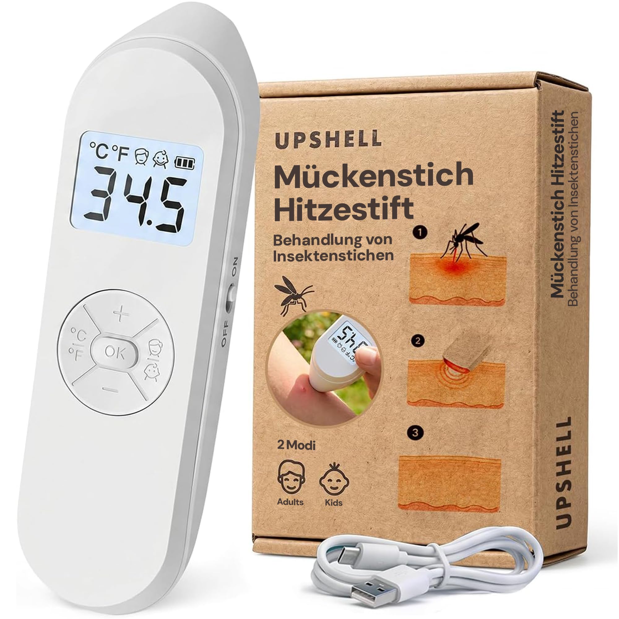 UPSHELL Mückenstich Hitzestift - Elektrischer Insektenstichheiler gegen Mücken- & Insektenstiche, LCD-Display, 30-55°C, USB-C, Kinder & Erwachsene