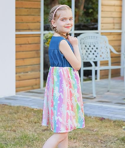 Little Girls Princess Dresses Rainbow Unicorn Sundress Button