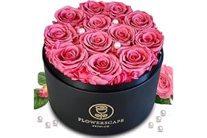 FLOWERSCAPE PREMIUM 12 Forever Roses in a Box - Preserved Rose Bouquet - Valentines Mothers Day Anniversary Birthday Flowers for Women Mom Wife Girlfriend and Her (Round-Pink)