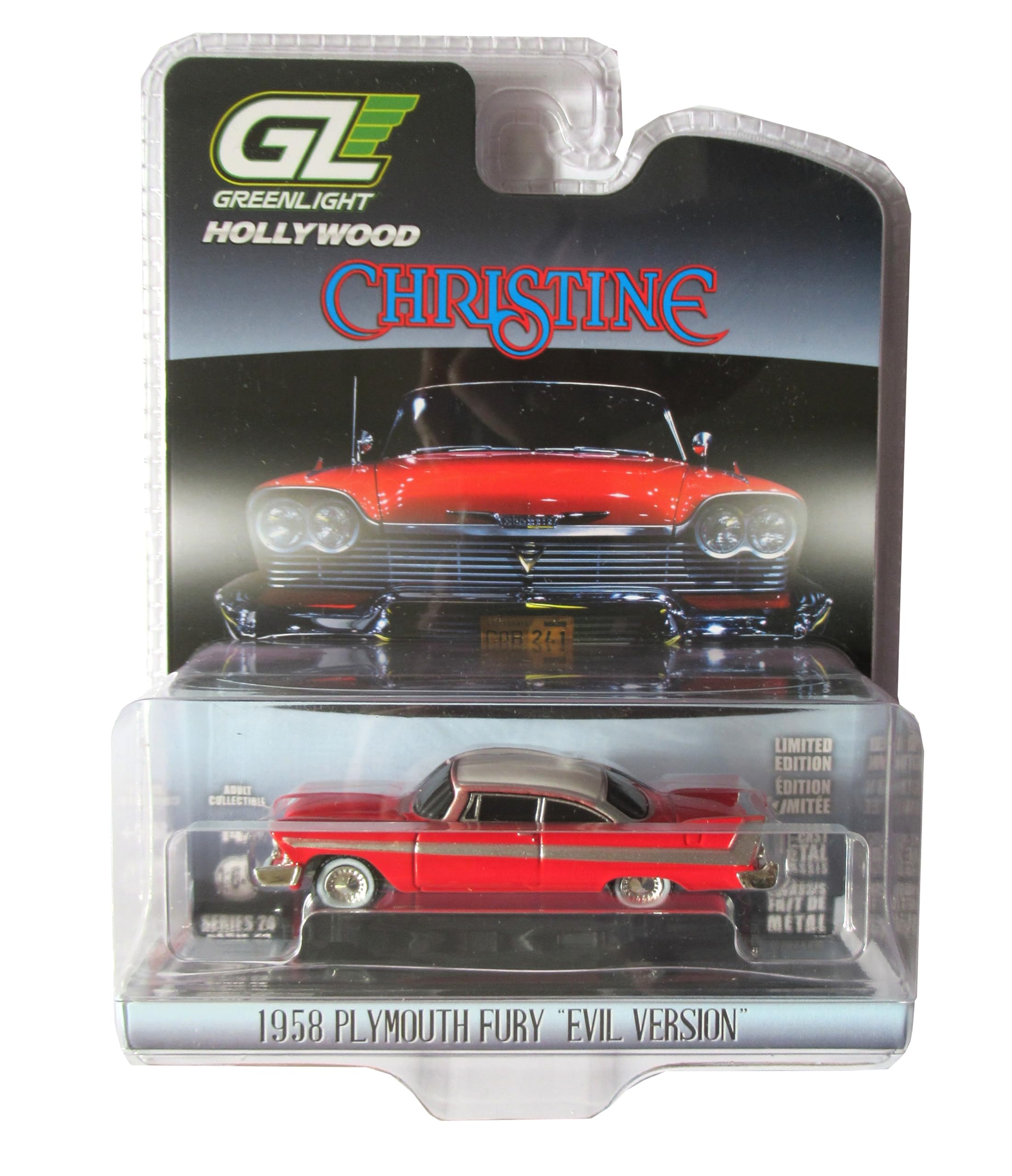 Greenlight 44840B 1/64 1958 Plymouth Fury Red with White Top Evil Version (Blacked Out Windows) Christine (1983) Diecast Model Car