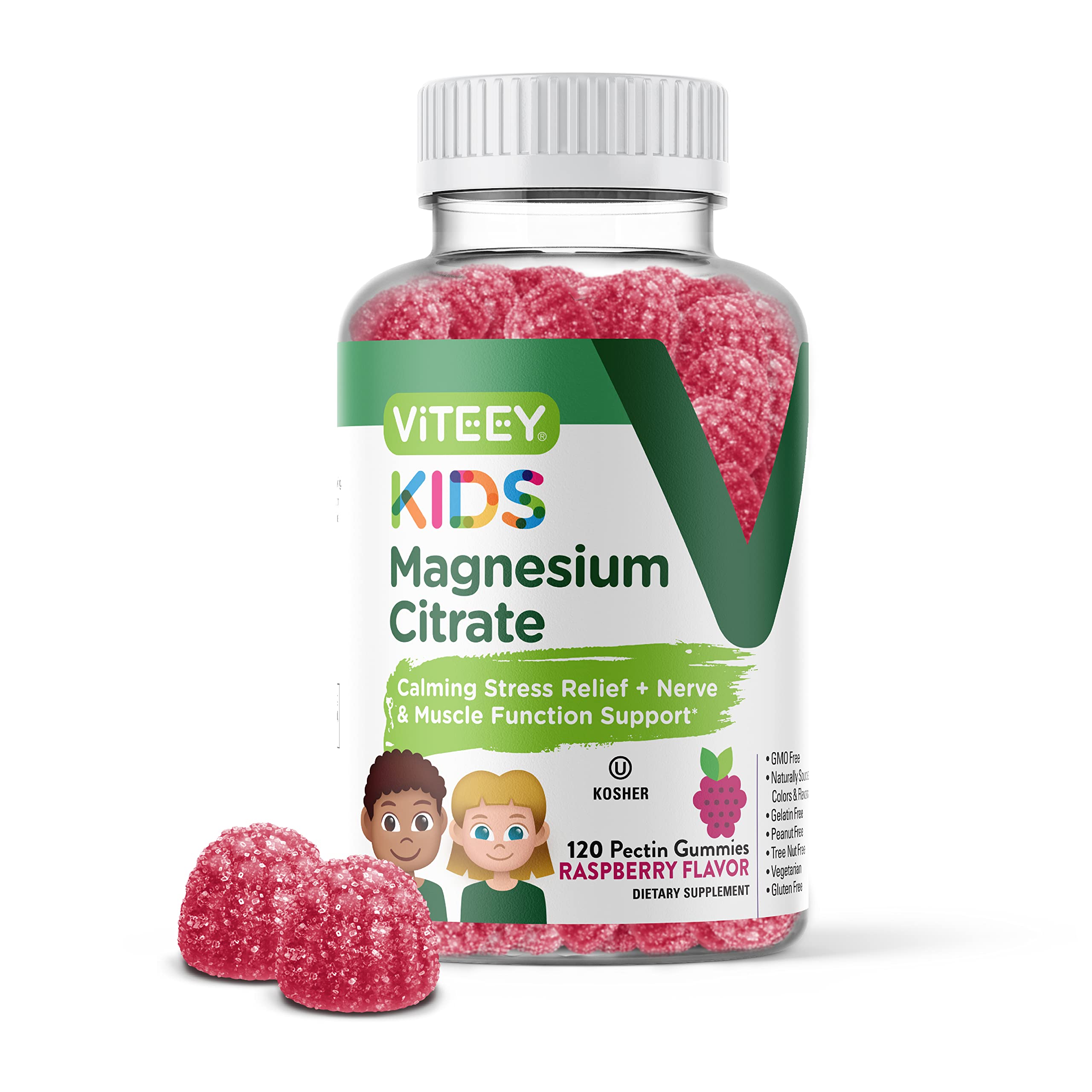 Viteey Kids Magnesium Citrate Gummies - Supports Sleep Aid, Calm Gummies, Muscle Relaxer, Optimal Relaxation - Vegetarian, Gelatin Free, Gluten Free, GMO Free - Tasty Chewable Raspberry Flavored Gummy