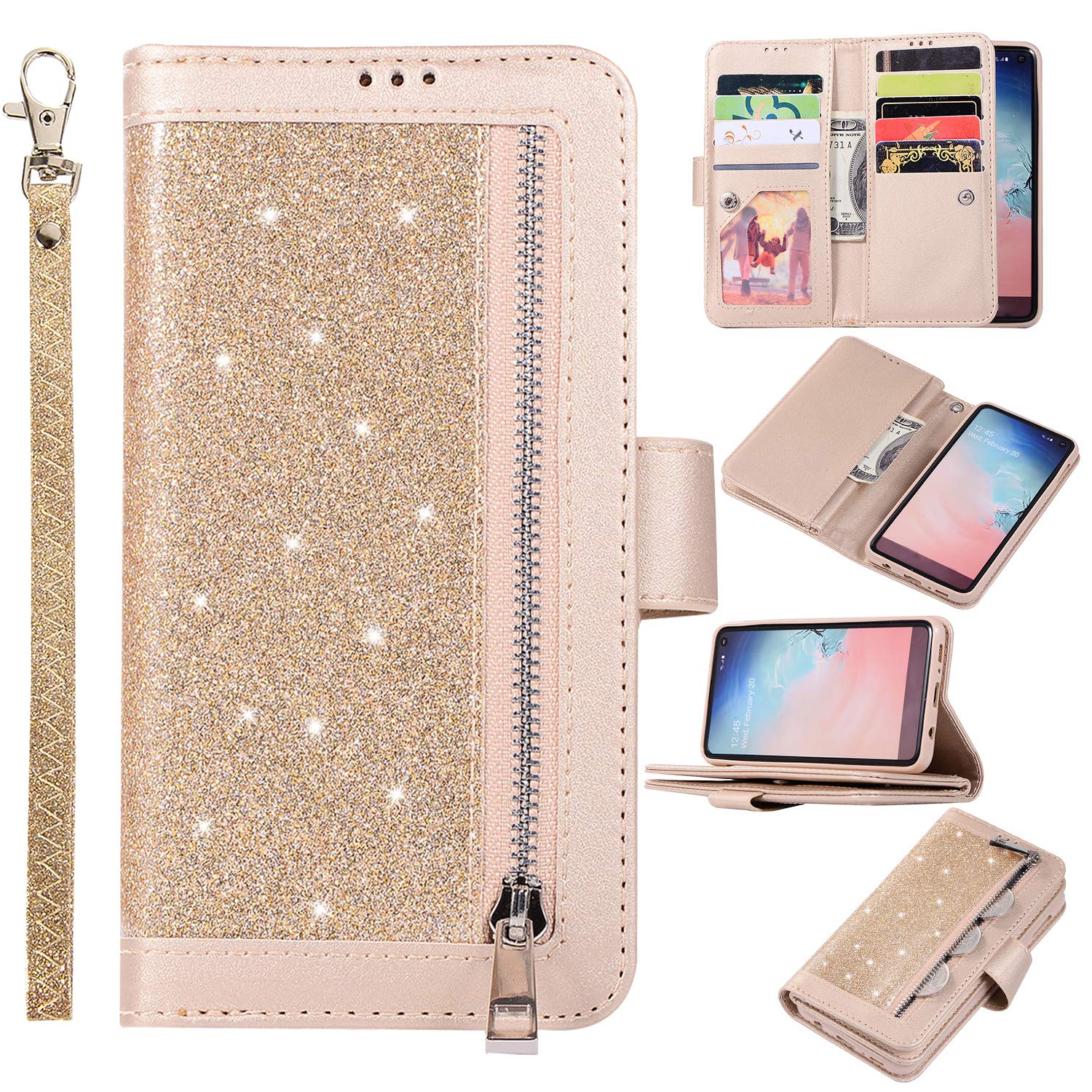EYZUTAK Wallet Case for Samsung Galaxy S10 Plus, Magnetic Handbag Zipper Pocket PU Leather Flip with 9 Card Slots and Wrist Strap Folio TPU Stand Case - Gold