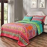 YASMENG Colorful Bohemian Quilt Set Queen Size Boho Red Green Exotic Printed Bedspread Set 3 Pieces Vibrant Vintage Ethnic Striped Microfiber Bed Coverlet for All Seasons