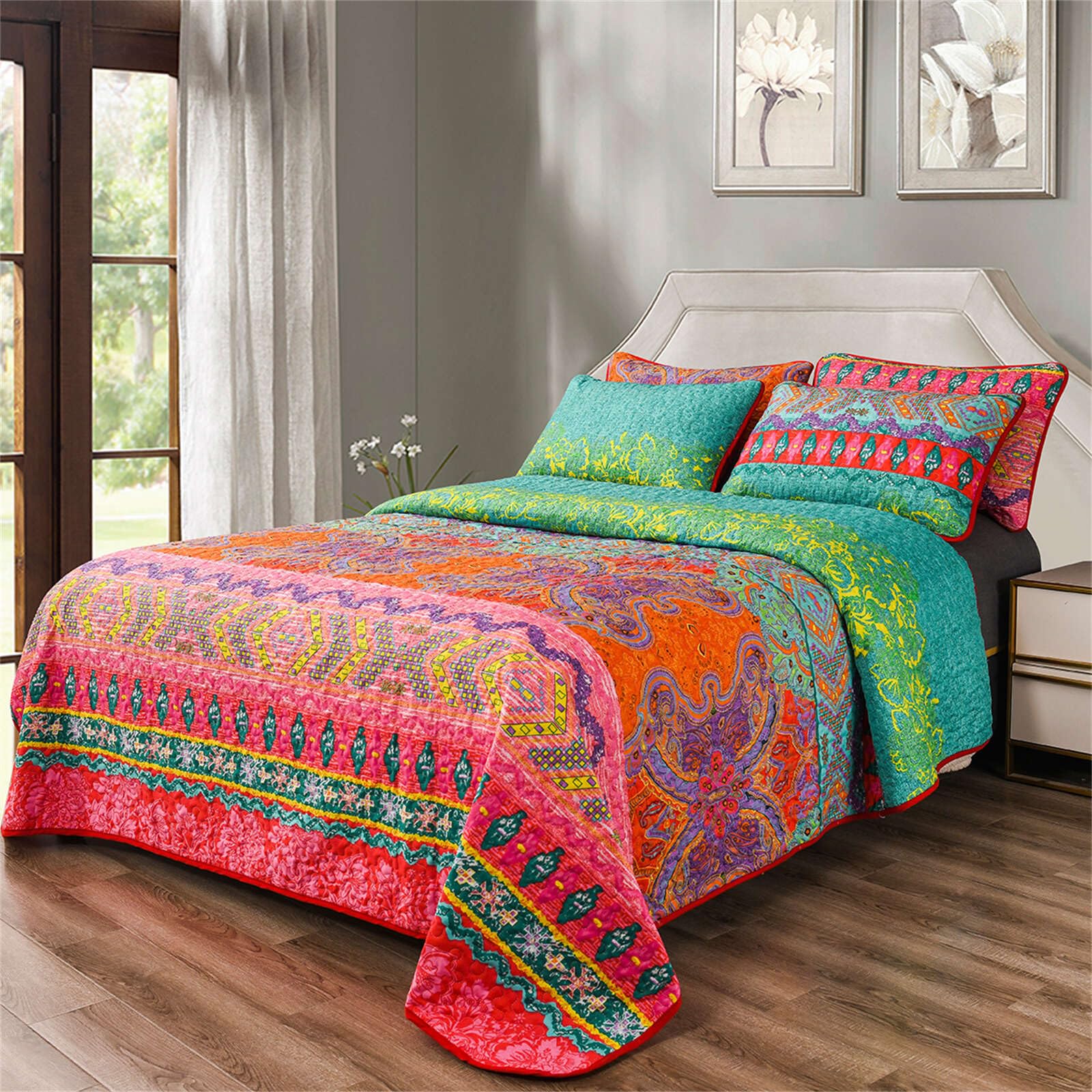 Photo 1 of YASMENG Colorful Bohemian Quilt Set Queen Size Boho Red Green Exotic Printed Bedspread Set 3 Pieces Vibrant Vintage Ethnic Striped Microfiber Bed Coverlet for All Seasons