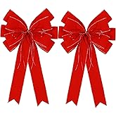 2 Pack Red Christmas Bows Outdoor Decorations,12”x20” Large Velvet Wreath Bow with Glitter String Gold Edge for Xmas Tree Topper Home Front Door Decor