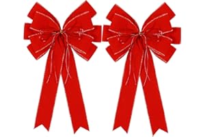 HONGSOME 2 Pack Red Christmas Bows Outdoor Decorations,12”x20” Large Velvet Wreath Bow with Glitter String Gold Edge for Xmas Tree Topper Home Front Door Decor