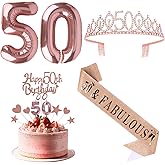 CURASA Rose Gold Happy 50th Birthday Party Decorations for Her 50 Balloon Numbers 50th Birthday Sash and Crown Tiara Candles Cake Topper for Women Gifts