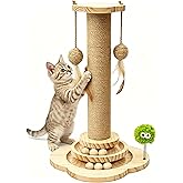 4-in-1 Cat Scratching Post for Indoor Kittens | 18" Sisal Scratcher with Interactive Ball Track, Feather Toys &amp; Spring Ball, Wooden Cat Toy for Kittens &amp; Small Cats