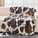 Bnuitland Brown Cow Print Throw Blanket with Storage Pouch, 300 GSM Double Sided Fuzzy Decor Lap Blanket for Bed/Sofa/Couch, Super Soft Cozy Flannel Throw Gift for Adults and Kids, 50×60 inch