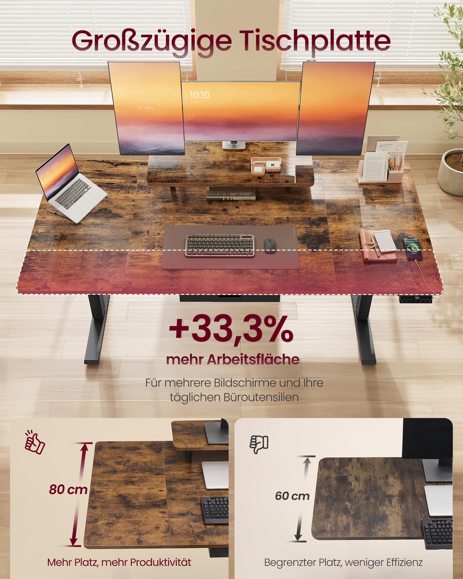 VASAGLE Höhenverstellbarer Schreibtisch, 160 x 80 cm, flexibel montierbarer Monitorständer, Schublade, USB-C-Anschluss, Erinnerung bei langem Sitzen, für Büro, vintagebraun LSD156KD01 5