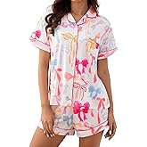 FUVYKOL Women's 2 Piece Bow Print Pajama Sets Sleepwear Short Sleeve Button Down Shirt and Shorts Nightwear Pjs Lounge Sets