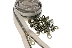 SHUNLI #5 Metallic Nylon Coil Zippers by The Yard,Antqiue Brass Teeth/Beige Zipper Tape,Bulk 10 Yards with 25 PCS Sliders Pulls,for DIY Tailor Sewing Crafts Bags Purses Clothing
