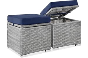 Best Choice Products Set of 2 Wicker Ottomans, Multipurpose Outdoor Furniture for Patio, Backyard, Additional Seating, Footrest, Side Table w/Storage, Removable Cushions - Gray/Navy