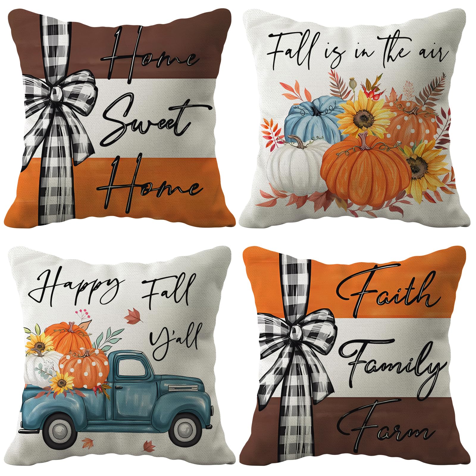 Photo 1 of Dotegu Fall Pillow Covers 18 x 18 Inch Set of 4, Happy Fall Y'all Stripes Pumpkins Truck Thankful Decor, Cushion Cases for Autumn Farmhouse Home Party Sofa Couch