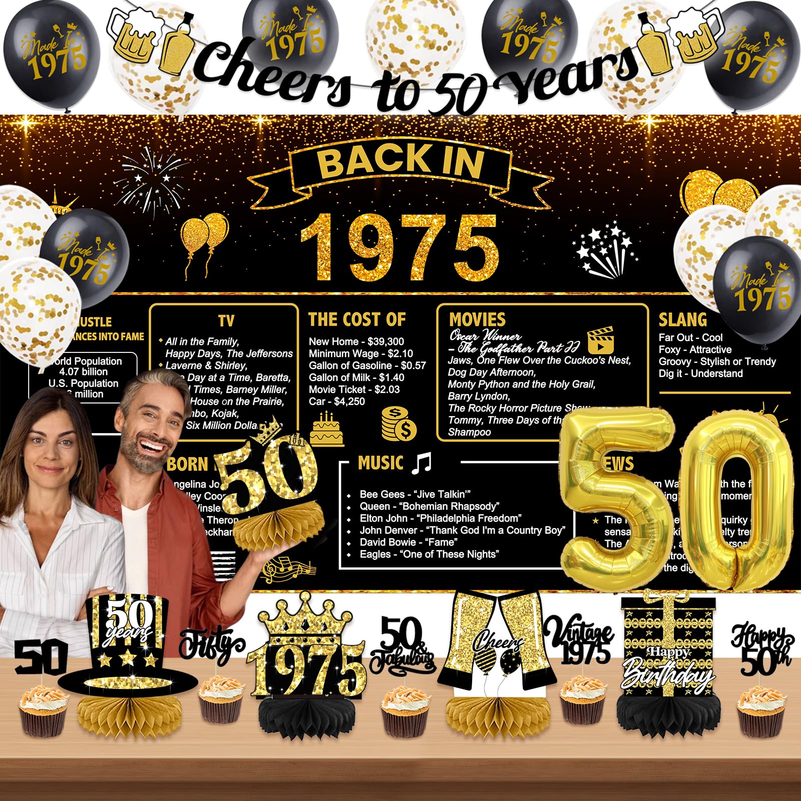Photo 1 of 50th Birthday Decorations for Men Him,Vintage 50 Years Old Birthday Decorations with Back in 1975 Backdrop Happy 50 th Birthday Banner
