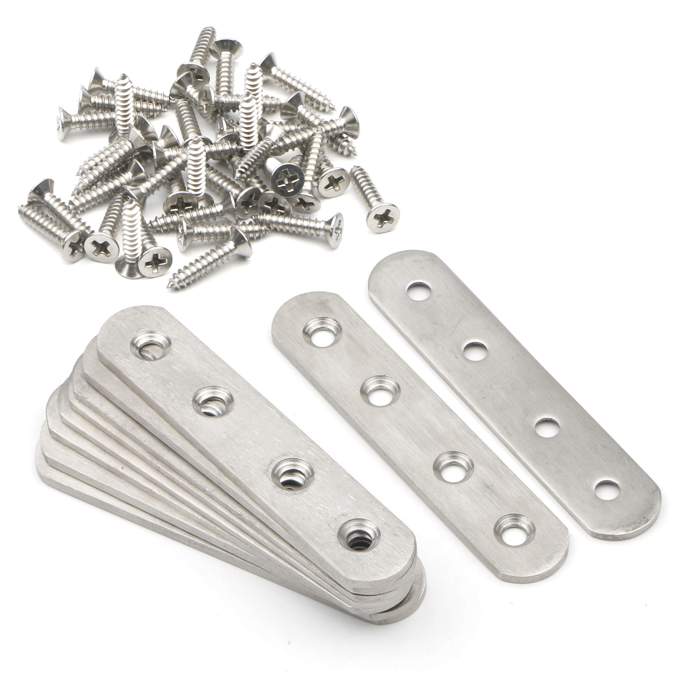 Pxyelec Stainless Steel Mending Plate Brackets, 10-Pack 3.8" 4-Hole Flat Metal Plates for Wood Joining, Heavy Duty Repair for Furniture, Fence, Cabinet, Shelf, Door, Frame - Silver with Screws
