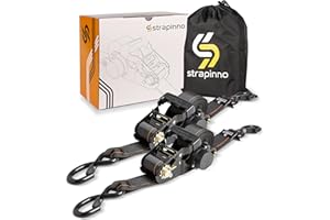 Strapinno Retractable Ratchet Tie-Down Straps,5,000 lbs Breaking Strength- 2 in x 12 ft Heavy Duty Ratchet Strap with Safety Lock S Hooks for Motorcycles, ATVs, UTVs, Lawn Equipment & Cargo (Black)