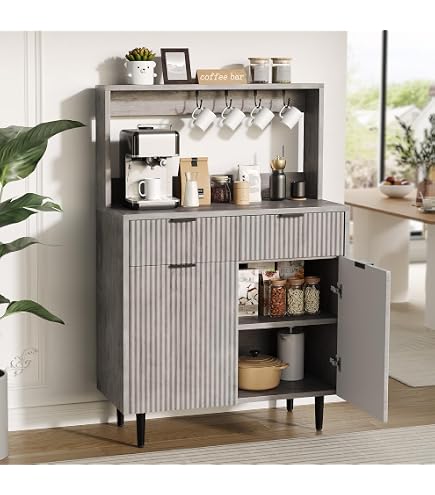 LOKO 45.5" Kitchen Pantry Coffee Bar Cabinet With DIY Pegboard & Rattan Doors - Mid Century Modern Sideboard (Oak)