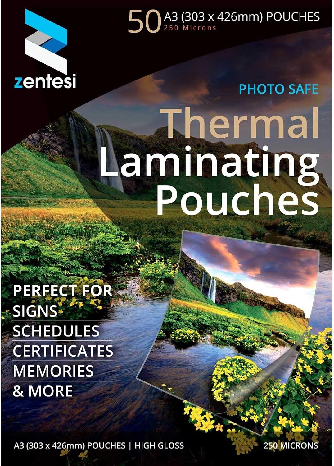 Zentesi A3 Laminating Pouches High Gloss Laminator Sheets 250 Micron (125 + 125 Microns) Glossy Laminate Pouch Sleeves - Pack of 50