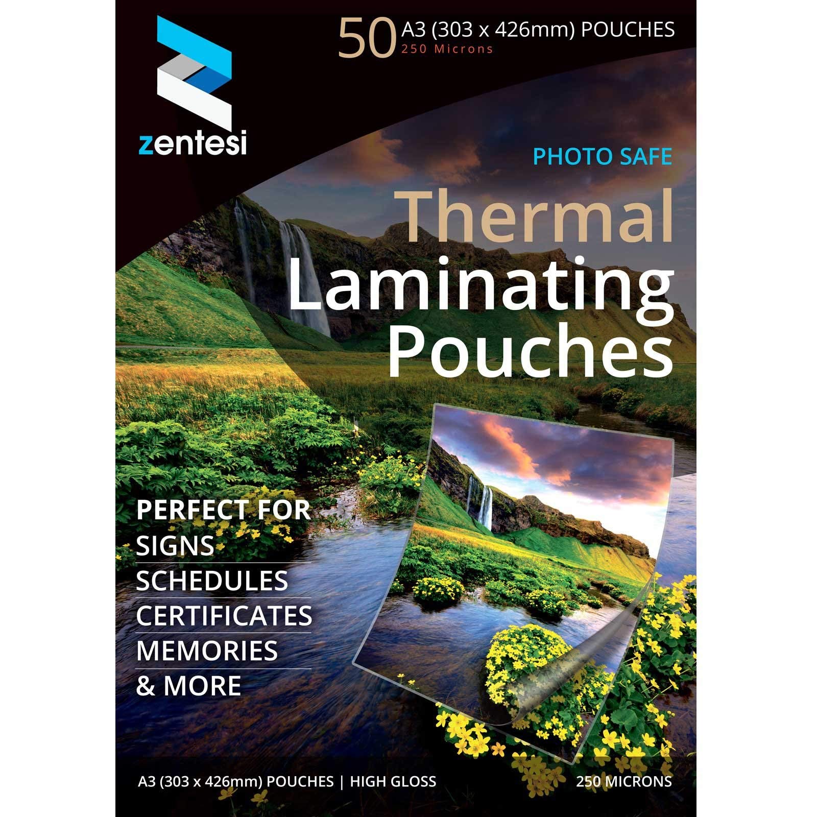 Zentesi A3 Laminating Pouches High Gloss Laminator Sheets 250 Micron (125 + 125 Microns) Glossy Laminate Pouch Sleeves - Pack of 50