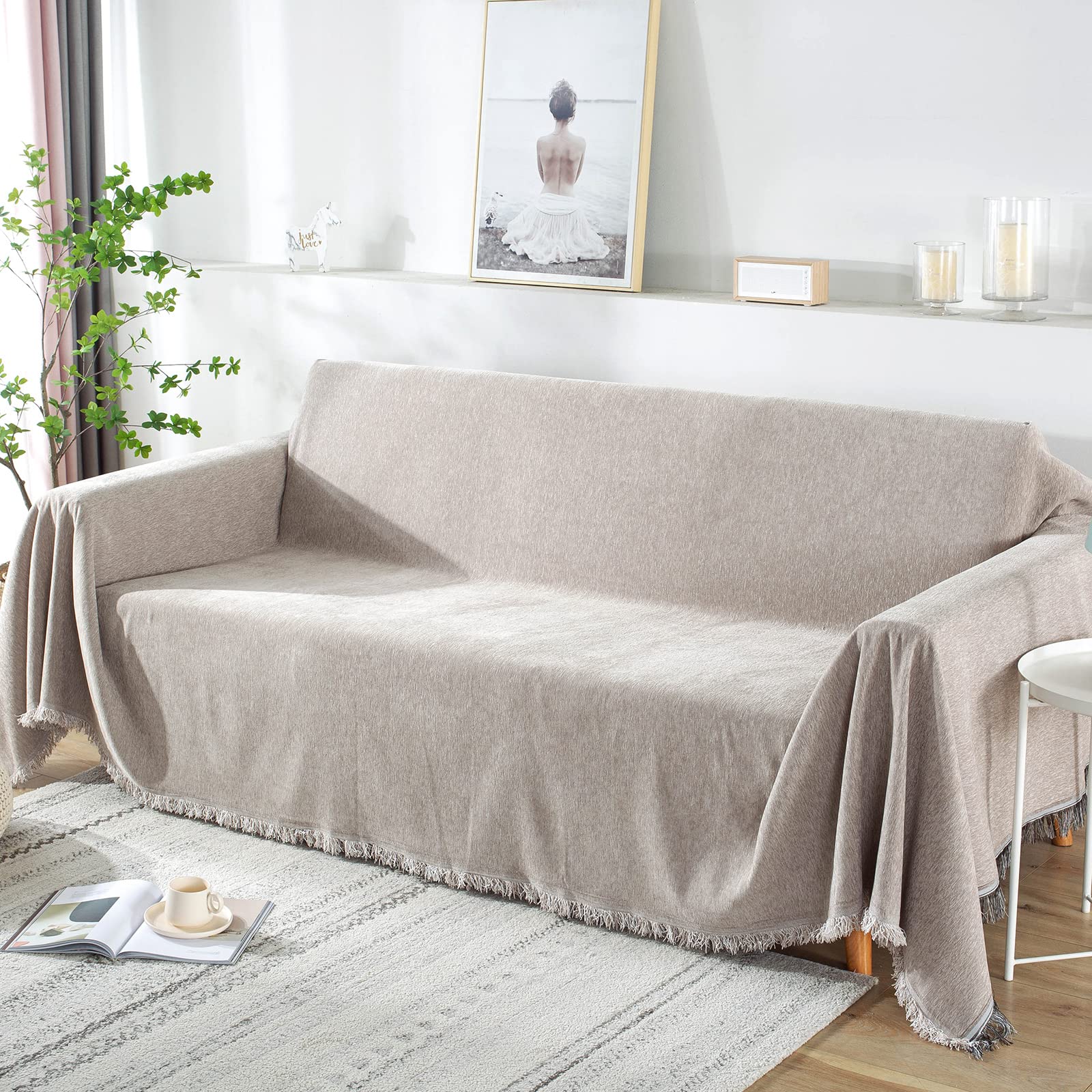 Sofa Throws for 2-3-4 Seater, Extra Large 3 Seater - Washable, Anti-slip, Dirt-repellent Couch Throws - Seamless with Tassels (180x300 cm, Khaki)