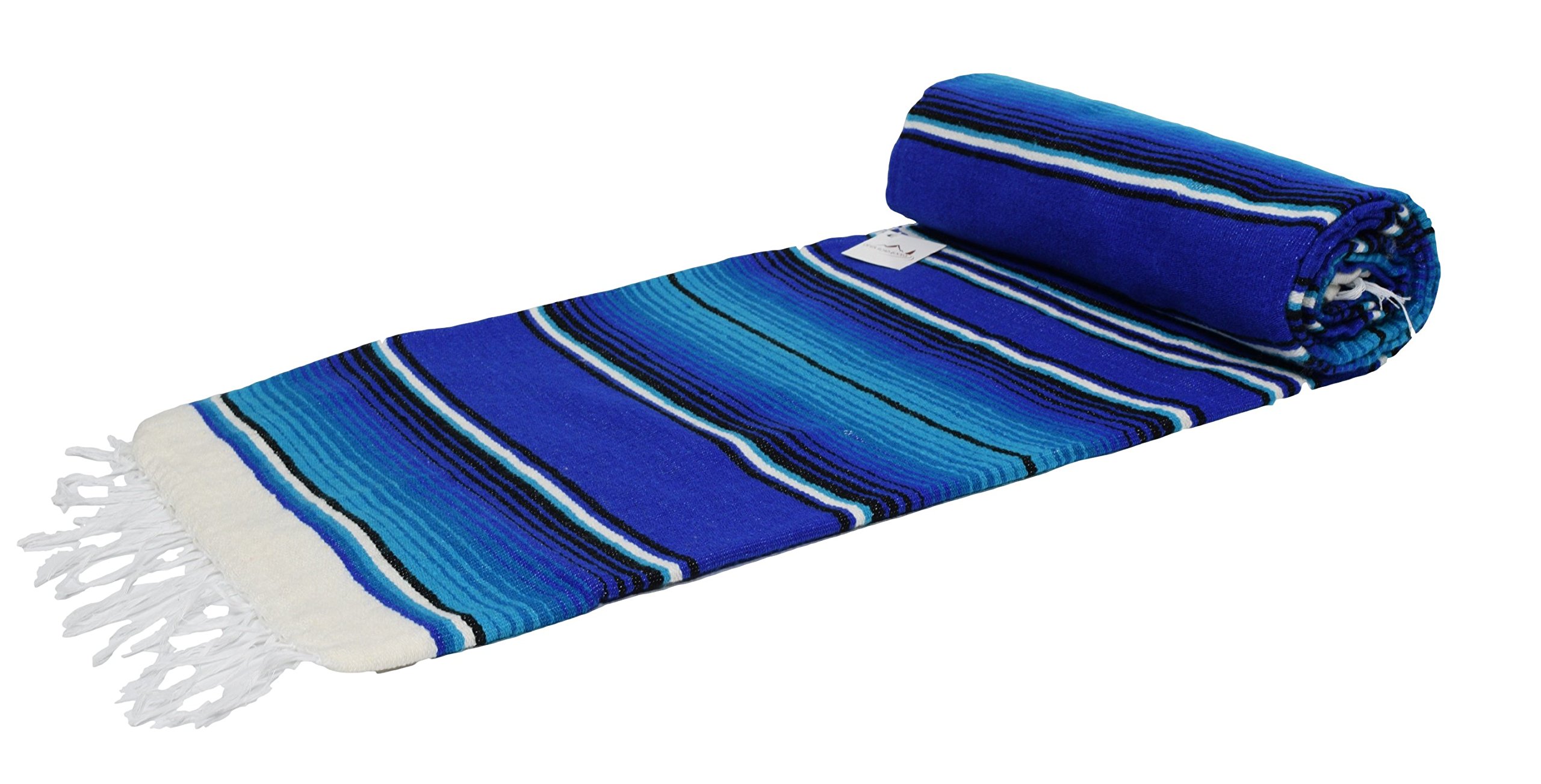 Photo 1 of Authentic Mexican Serape Blanket - Multi-color Lightweight Handmade Mexican Saltillo Blanket / Classic Mexican Style Falsa, Stripe Pattern, Throw, Beach Blanket, Tapestry, or Yoga Blanket. Blue