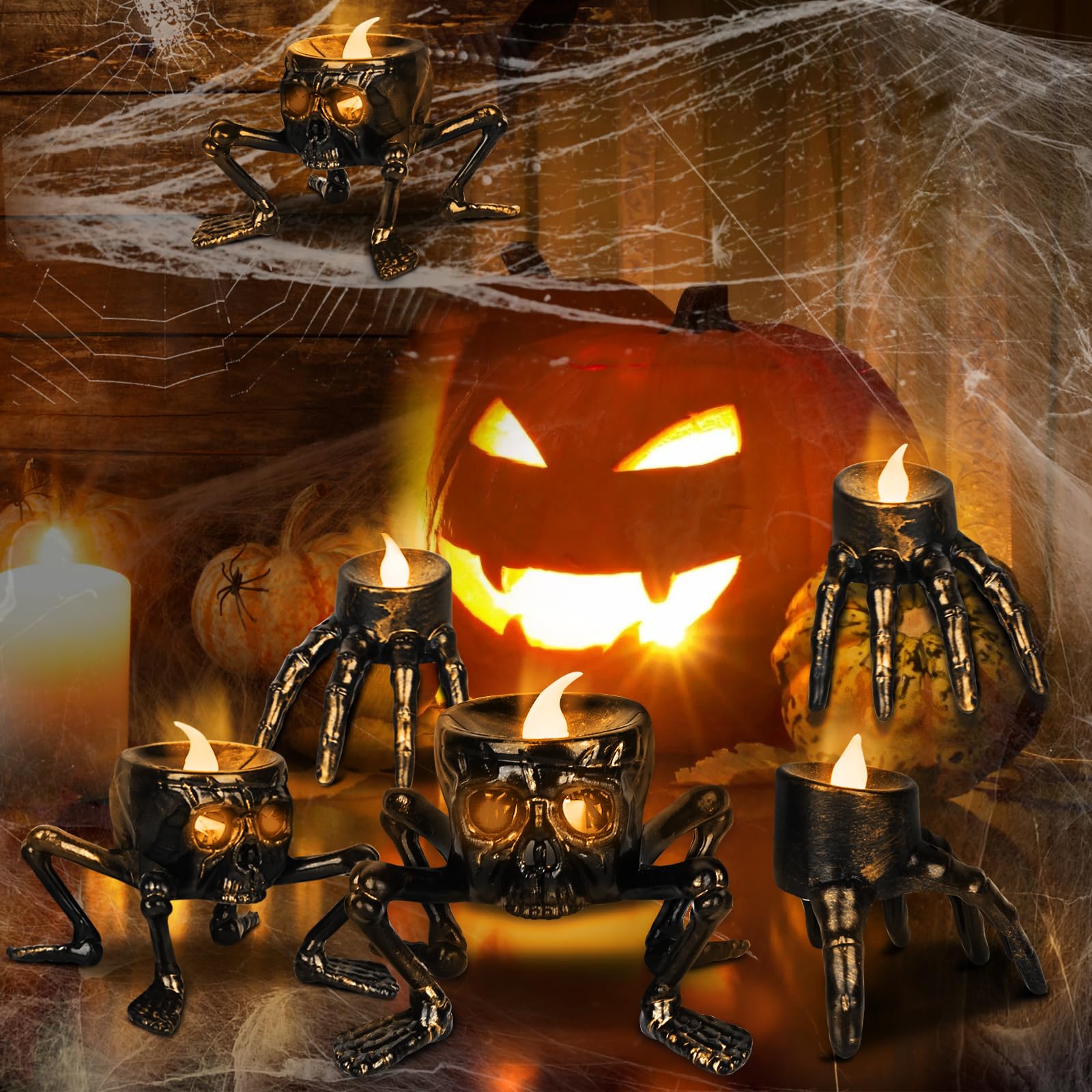 Eyezeeption 6 Pcs Halloween Skeleton Candle Lights Halloween Decorations, Skeleton and Skeleton Hand Styles LED Halloween Decor Candle Lights Halloween Baubles (6 PCS)