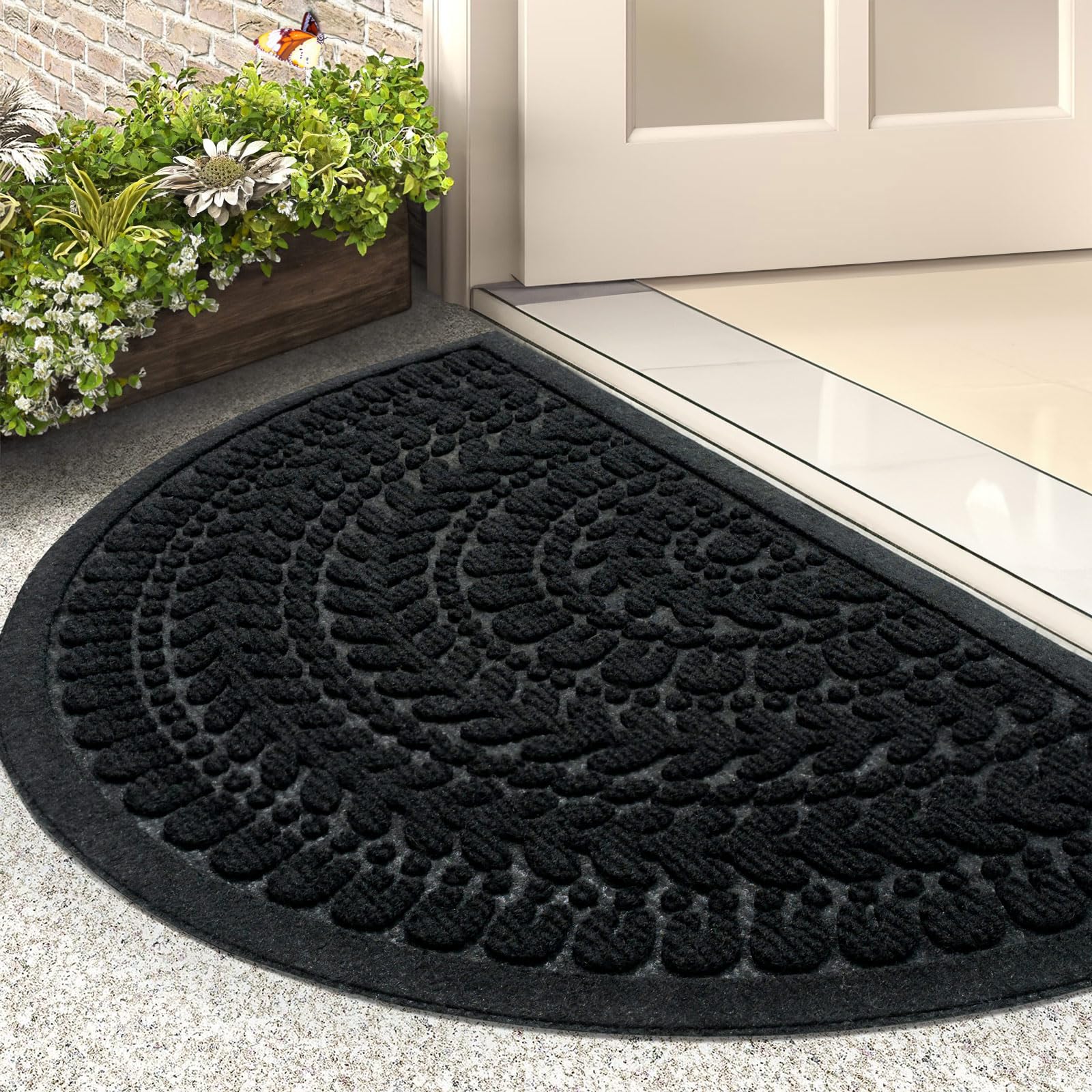 Photo 1 of RORA Half Circle Door Mat Front Door Mat Outside Entrance Black Welcome Mats Indoor Outdoor Semicircular Doormat for Outdoor Half Round Door Mats for Garage Muddy Paws 17”x30”