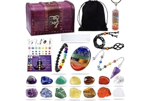 BORAMDO 22Pcs Healing Crystals Set, Chakra Quartz Kits in Wooden Box (7 Raw and 7 Tumbled Chakra Stones, Lava Bracelet, Chakra Necklace and Amethyst Pendulum, Thumb Worry Stone, Selenite Charging Plate, etc.)