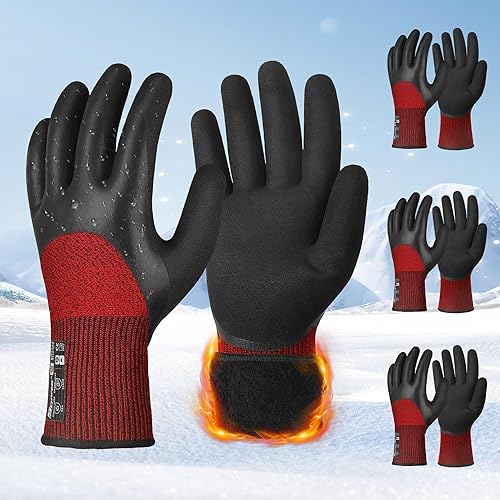 Schwer 3 Pairs Winter Work Gloves with 3/4 Double-Dipped Latex Coating, Thermal Insulated Gloves with Grip & Abrasion Resistance, Flexible & Comfortable, Used for Cold Weather, Freezer, L, CR3313