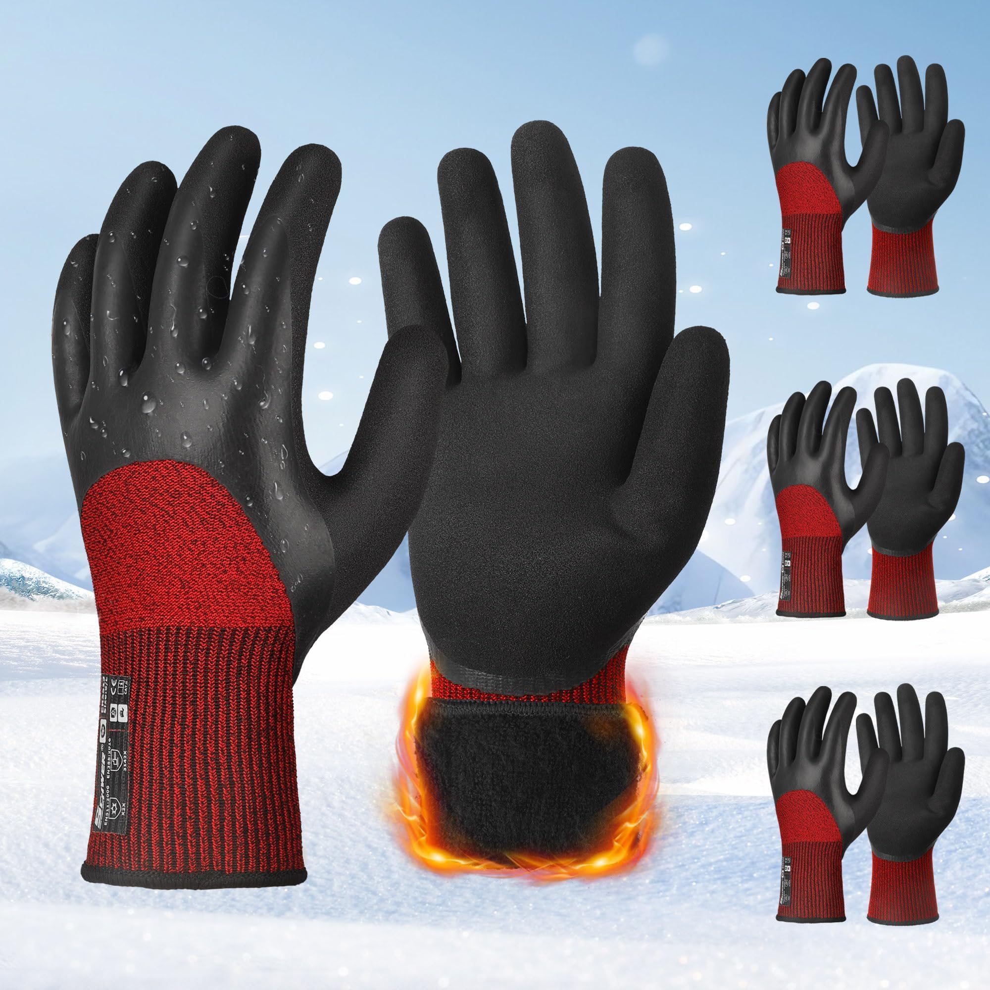 Schwer 3 Pairs Winter Work Gloves with 3/4 Double-Dipped Latex Coating, Thermal Insulated Gloves with Grip & Abrasion Resistance, Flexible & Comfortable, Used for Cold Weather, Freezer, L, CR3313