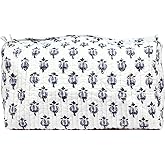 Cotton Hand Block Floral Print Toiletry Bag For Women Make Up Cosmetic Bag Jewelry Organizer Kit Storage Bag Case Travel Accessories Essentials Toiletries Purse Open Pouch White 2 (9.25"x 6.88"x 4.5")