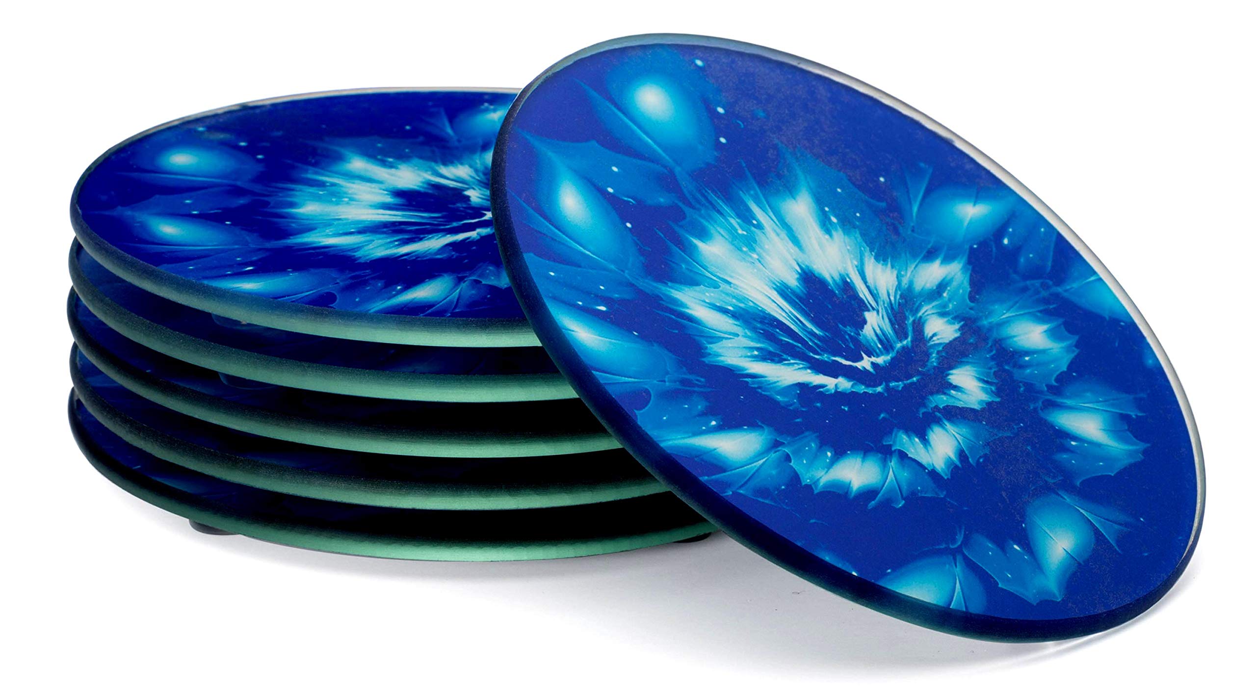 Large Drink Coasters, Gift Boxed Set of 6, Non Slip, Tempered Glass Blue or Gold Flower Design, suit Kitchen, Dining, Living, Indoor or Outdoor