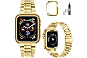 MioHHR Solid Stainless Steel Band Compatible with Apple Watch 38mm(Series 3/2/1) 40mm(Series SE/6/5/4) 41mm(Series 9/8/7) Metal Strap with Soft TPU Case for iWatch Bands for Women and Men, Gold