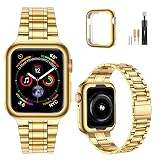 MioHHR Solid Stainless Steel Band Compatible with Apple Watch 38mm(Series 3/2/1) 40mm(Series SE/6/5/4) 41mm(Series 9/8/7) Metal Strap with Soft TPU Case for iWatch Bands for Women and Men, Gold