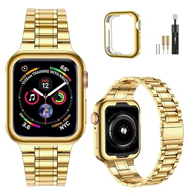 MioHHR Solid Stainless Steel Band Compatible with Apple Watch 38mm(Series 3/2/1) 40mm(Series SE/6/5/4) 41mm(Series 9/8/7) Metal Strap with Soft TPU Case for iWatch Bands for Women and Men, Gold