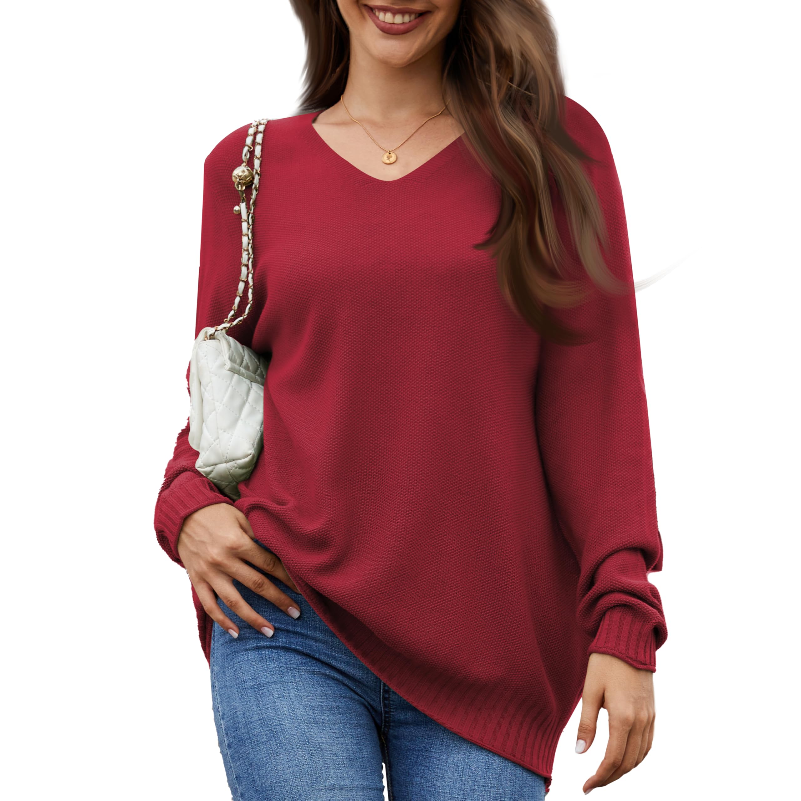 Bgklfeo Women's Casual VNeck Sweater Long Sleeve Loose Solid Color