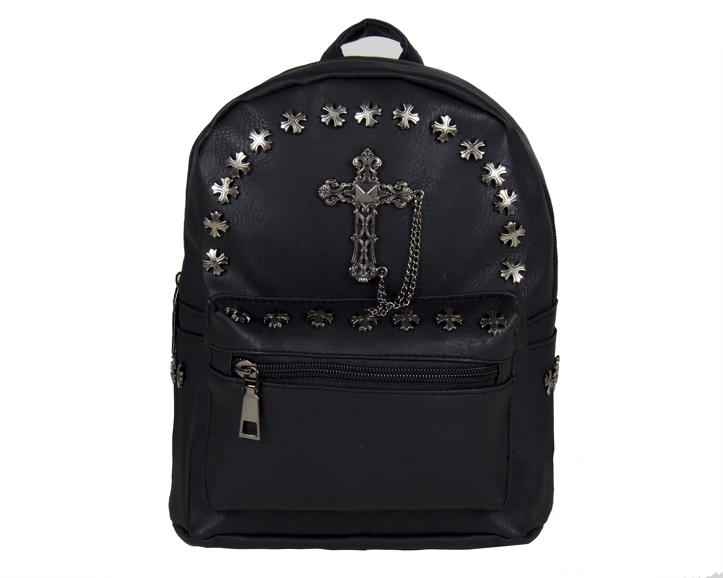 GOTHX Mini Gothic Metal Cross Stud Black Backpack Rucksack Small School Travel Festival Vegan Leather Rock Goth Bag