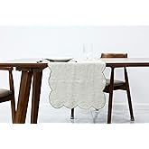 AORISSI 100% Natural Linen Rustic Scalloped Embroidery Table Runner 108 Inches Long, Linen Table Runner 14 x 108 Inch for Dresser and Dining Tables Decor, 8-10 Sets, Linen(Edges-Gold)