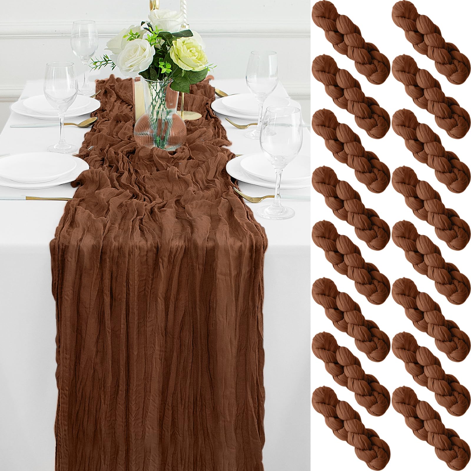 Photo 1 of 16Pack Brown Cheesecloth Table Runner 10FT Gauze Cheese Cloth Table Runner 35x120Inch Long Boho Spring Easter Table Runners Rustic Sheer Table Runners for Wedding Baby Shower Bridal Shower Decor