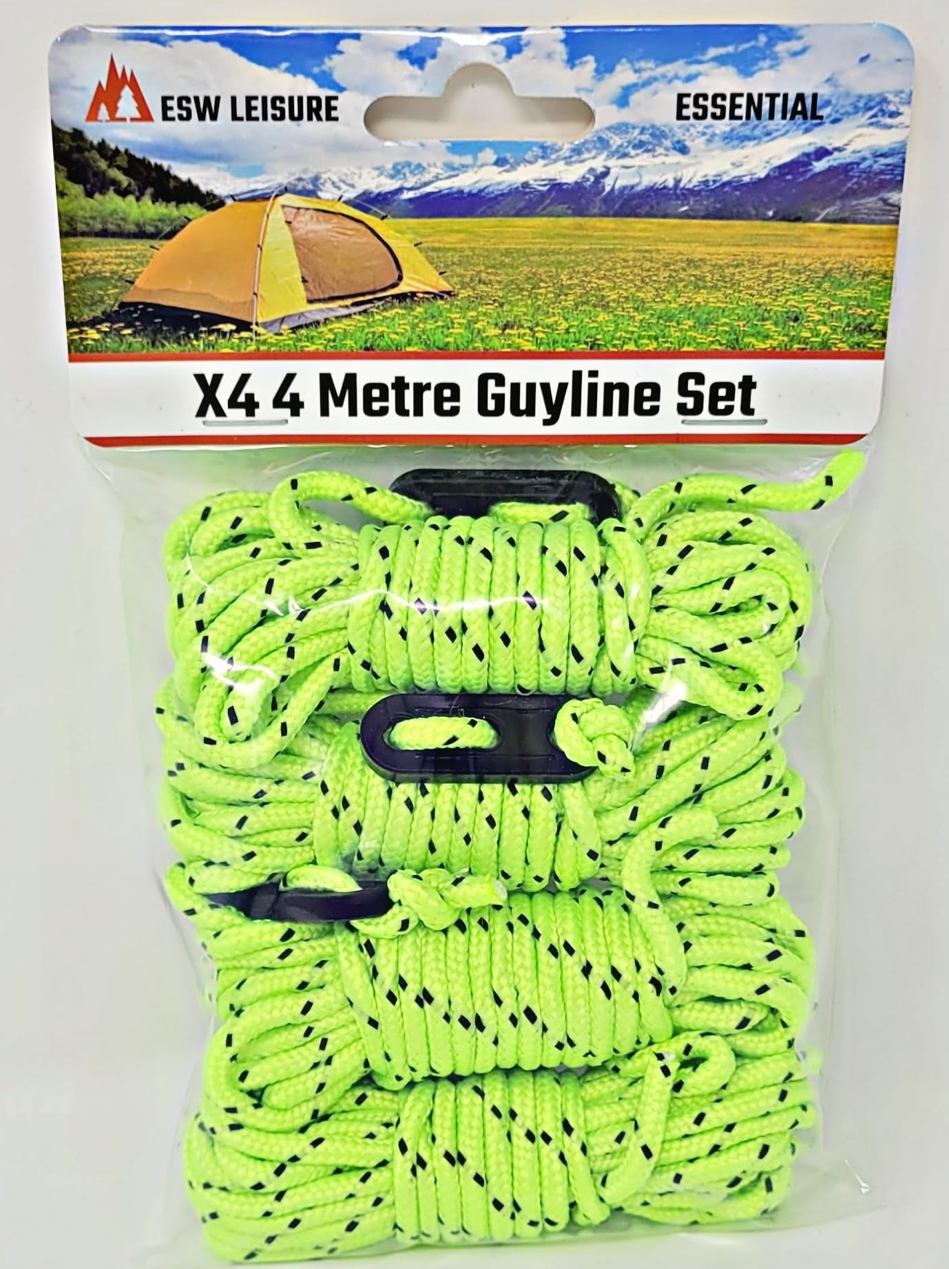 ESW LEISURE Guyline Ropes 4 Pack For Tents Awning Camping Strong Lightweight Paracord Guy Rope With Tensioner Guy Lines Fishing Umbrella Caravan Gazebo (Flourescent Green & Black, 4 Metre 4 Pack)